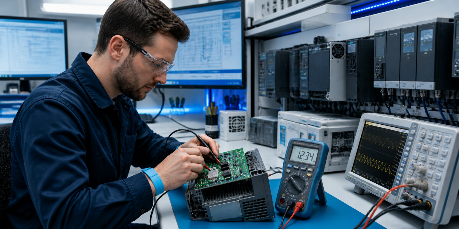 Técnico da TecServ realizando diagnóstico em inversor de frequência no laboratório