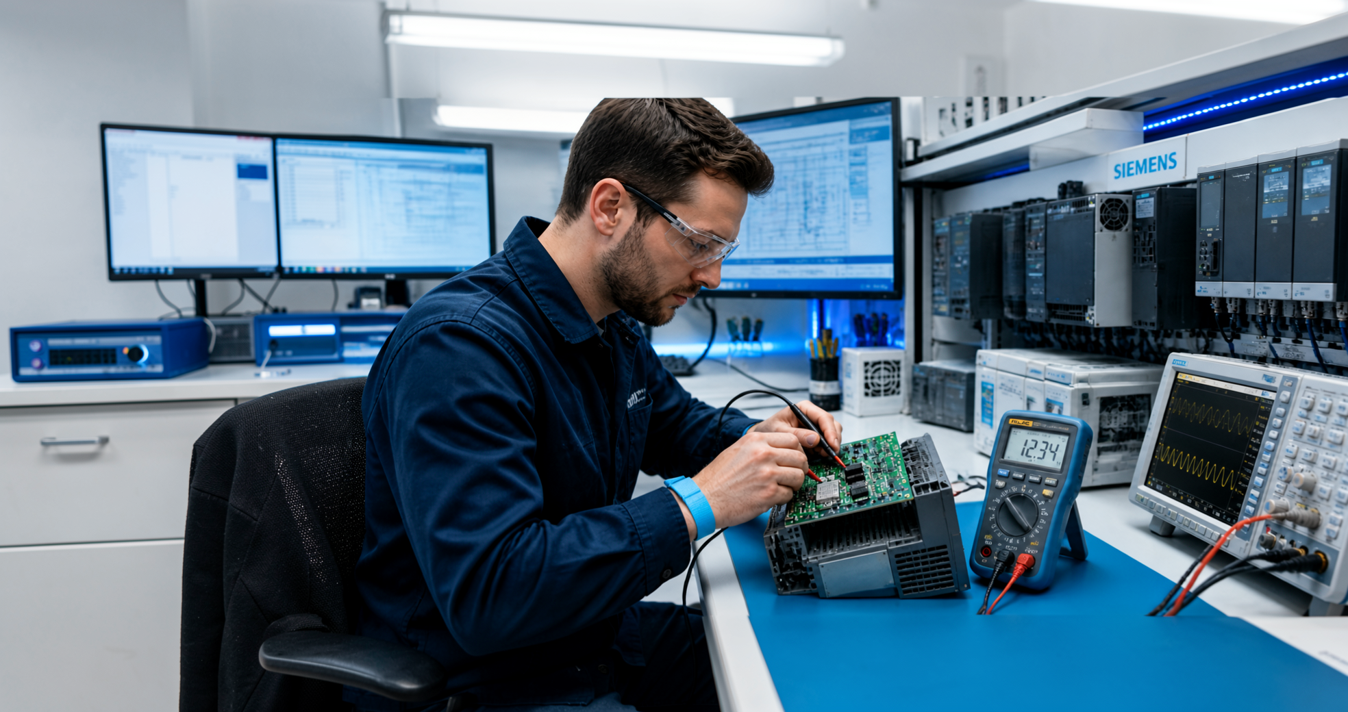 Técnico da TecServ realizando diagnóstico em inversor de frequência no laboratório